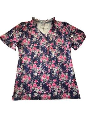 Floral V-Neck Short Sleeve Tee by DNKL - Navy & Pink